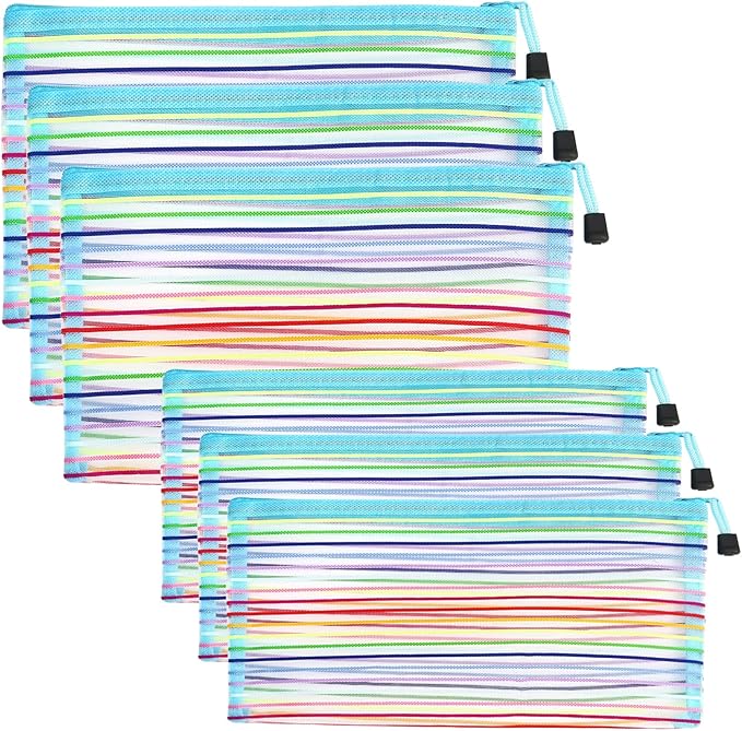 Mesh Bags with Zipper (6 Pack), Nylon Makeup Bag Cosmetic Pouches Travel Organizer Case for Purse Diaper Bag Home Organizing Striped Multi Size Blue