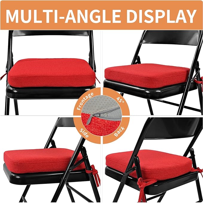 SINOSSO Memory Foam Chair Cushions for Folding Chairs 6 Pack, Thickened 2" Square Pads with Ties for Kitchen Chairs, Indoor Non-Slip Dining Chair Seat Cushions (6 Pcs, Red)