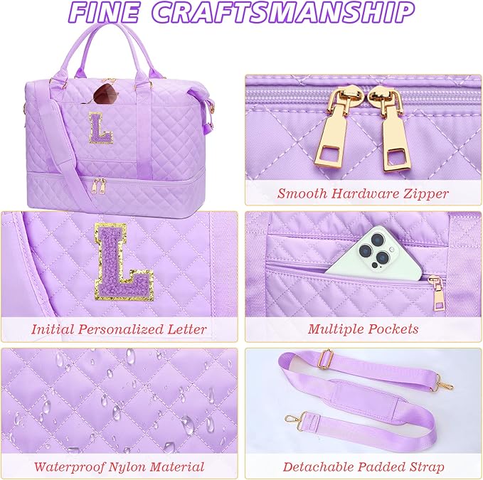 Teen Girl Gifts Trendy Stuff Initial Travel Duffle Bag Quilted Weekender Bags Carry-On Overnight with Cosmetic Bag, Gym Bag with Shoe Compartment Hospital Bag for Women Labor Delivery, Purple-L