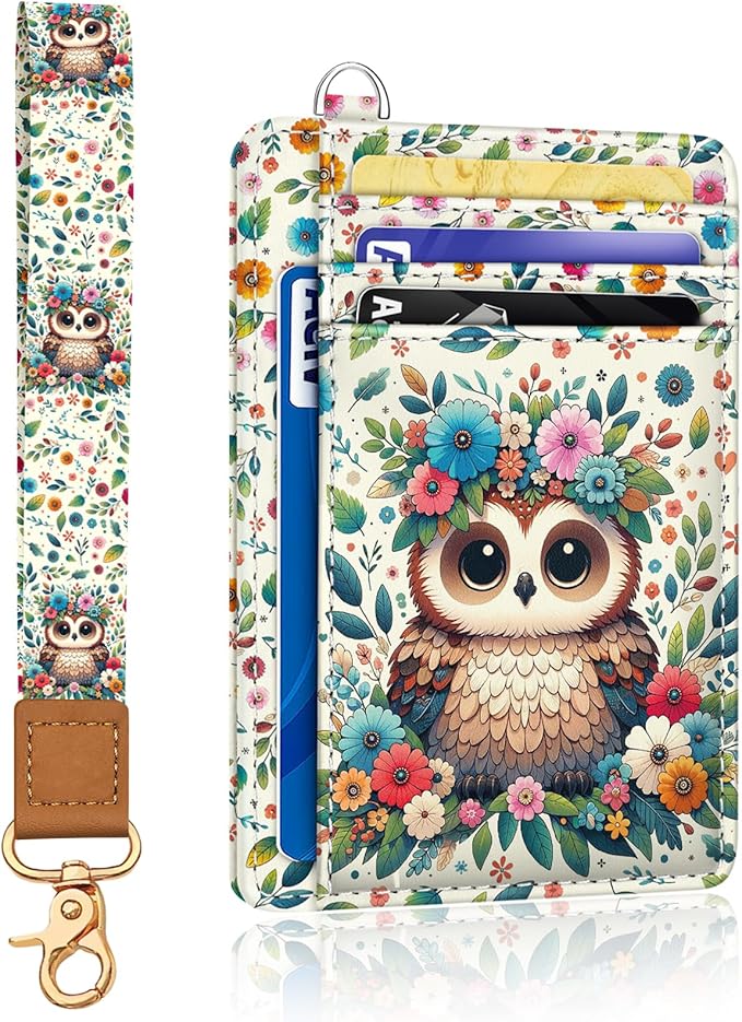 Yonlevres Owl Credit Card Holder Slim Wallet, RFID Wallet Women Front Pocket Wristlet Lanyard, Small Card Holder Travel Funny Cute Thin Card Case ID Window PU Leather Card Organizer Gifts Girls