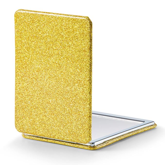 OMIRO Compact Mirror, Glitter PU Leather 1X/3X Magnification, Ultra Portable for Purses, 2.4" W x 3.4" L (Gold)