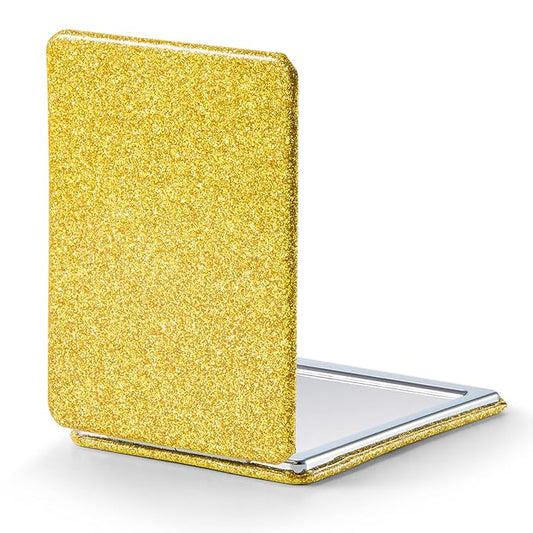 OMIRO Compact Mirror, Glitter PU Leather 1X/3X Magnification, Ultra Portable for Purses, 2.4" W x 3.4" L (Gold)