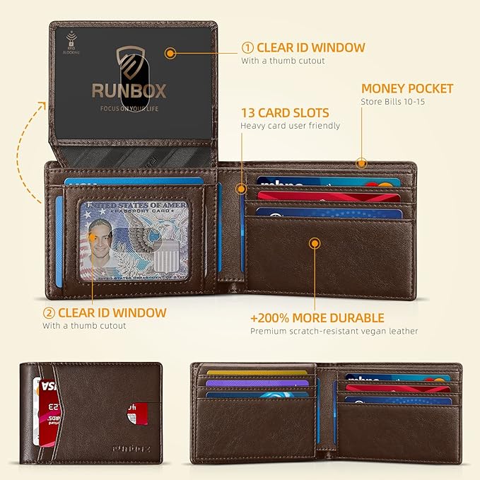 RUNBOX Wallet for Men Slim Rfid Leather 2 ID Window With Gift Box | Slim, Rfid, 2 ID Window, With Gift Box, Slim, Rfid