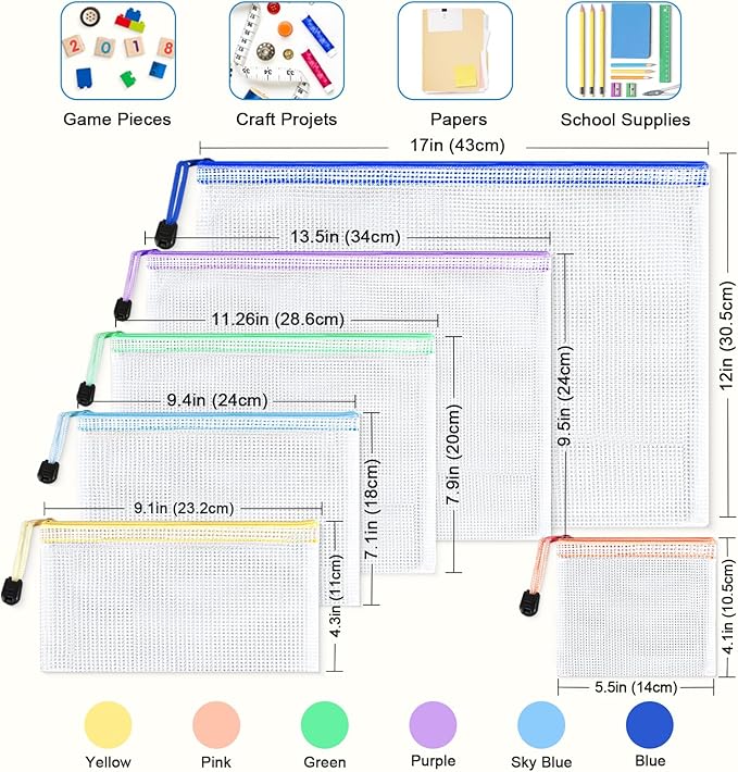 Mesh Zipper Pouch Bags: Clear Zipper Pouches for Classroom, Plastic Board Game Organizer and Storage, Multisize Clear Zipper Bags Waterproof for School and Office Supplies (6 Size, 12PCS, 6 Color)