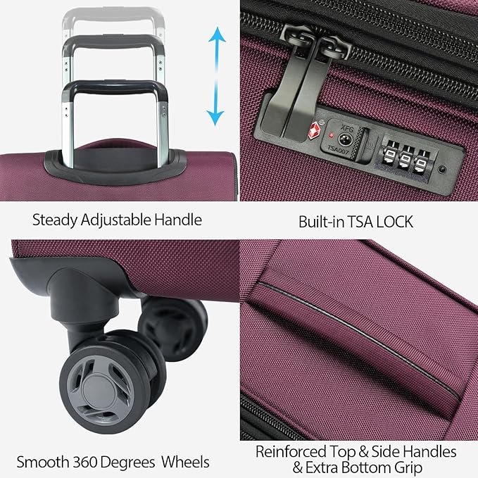 KROSER Softside Expandable checked Luggage with Front Business Pockets，24 Inch Suitcases with Spinner Wheels & Built-in TSA Lock, Durable Suitcase Rolling Luggage, Burgundy