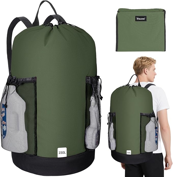 BALEINE 2PK 150L Laundry Bag Backpack, 900D Oxford Fabric Large Travel Laundry Bags with Shoulder Straps and 2 Mesh Pockets for College Dorm, Apartment, Laundromat (Green, 150L)