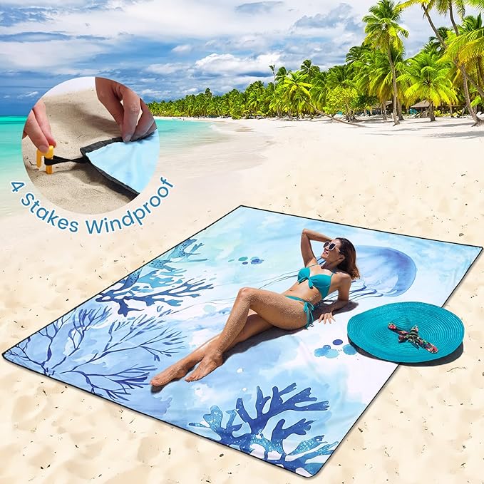 Beach Blanket Sandproof Extra Large Beach Mat Adults Waterproof Quick Drying Sand Free Mat Made By Premium Polyester With 4 Stakes & 4 Corner Pockets For Outdoor Travel Camping Hiking