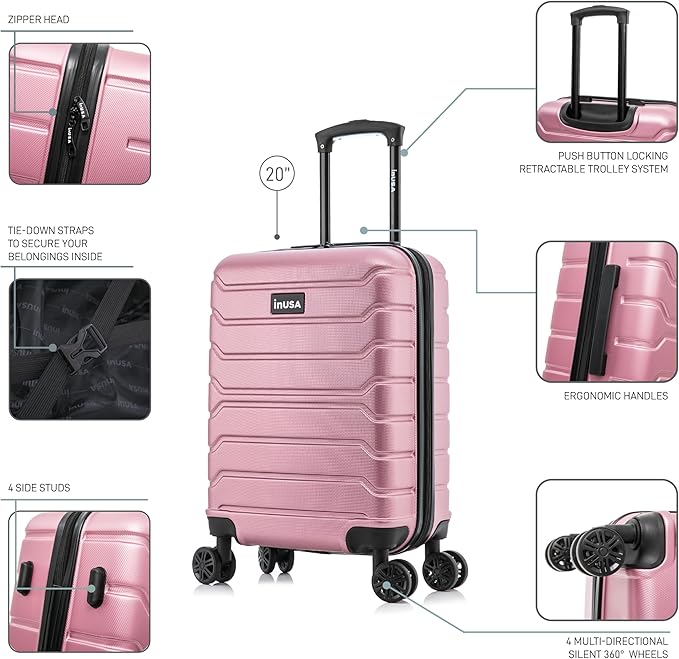 InUSA TREND Luggage with Spinner Wheels | Durable Lightweight Hardshell Suitcase, Travel bag with Handle and Trolley, 20-Inch Carry On Small Luggage | Rose Gold