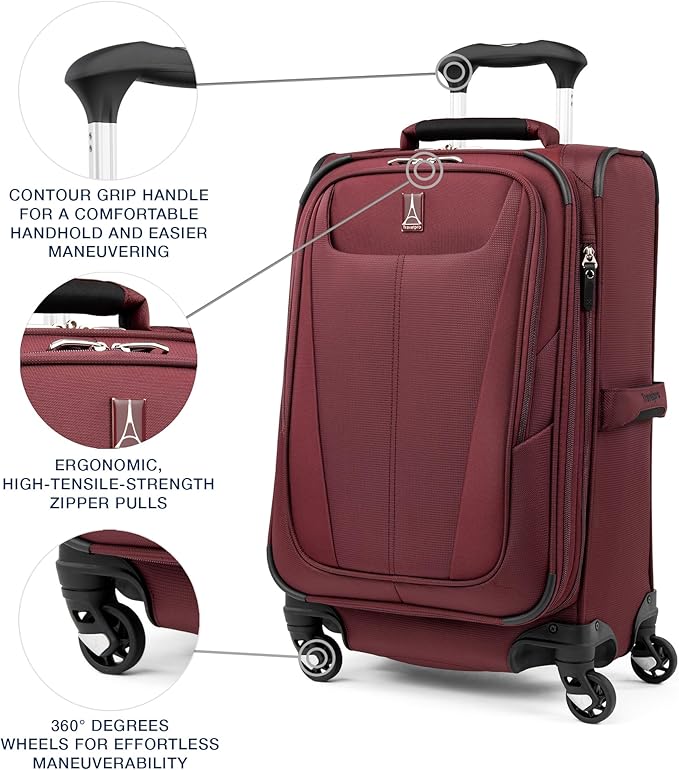 Travelpro Maxlite 5 Softside Expandable Luggage with 4 Spinner Wheels, Lightweight Suitcase, Men and Women, Burgundy, Carry-on 21-Inch