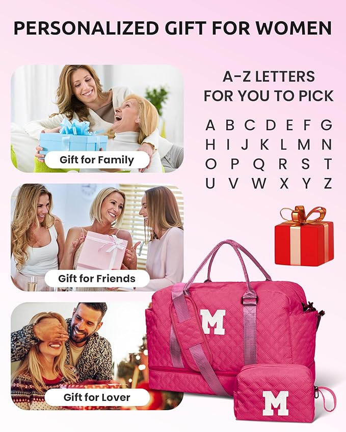 Girls Gifts 10-12, Birthday Gift-Initial Travel Bag with Shoe Compartment, Personalized Weekender Bag, Monogram Overnight Bag for Women, Letter Travel Bag with Makeup Bag (Letter R)