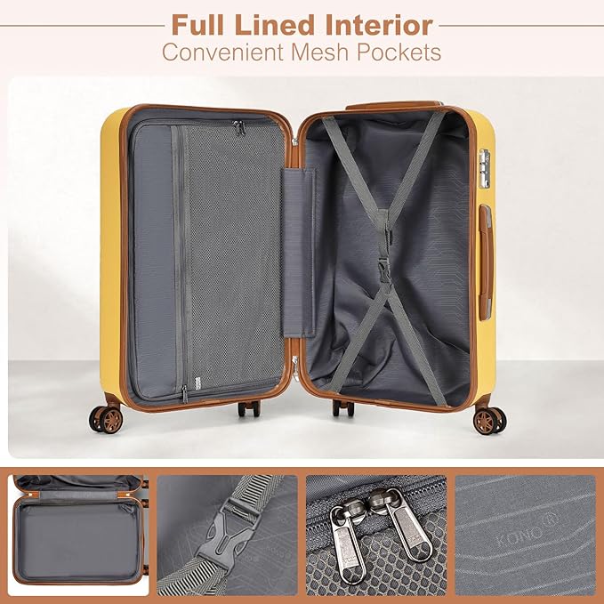 Kono 24 Inch Luggage Medium checked Lightweight Hardside Suitcase with Spinner Wheels & Built-in TSA Lock, Yellow