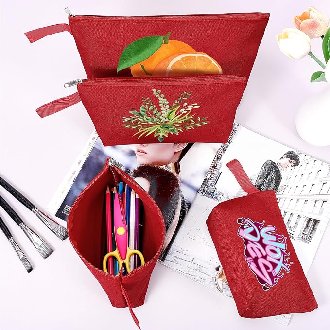 10 Pieces Cotton Canvas Makeup Bag with Bottom and Strap, Multi-Purpose Cosmetic Bag with Zipper Travel Toiletry Pouch, Blank DIY Craft Bag (Red, M)