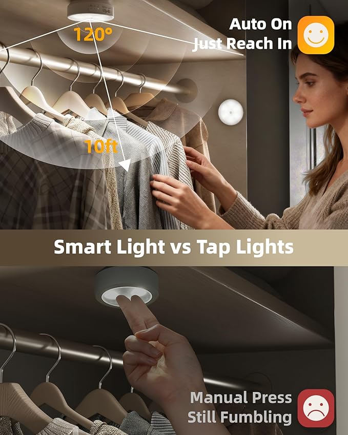 EZVALO 8 Pack Motion Sensor Closet Lights, 1200mAh Rechargeable Under Cabinet Lights, Night Lights, Puck Lights, Dimmable, 3 Color Temps, Magnetic, Stick-On for Kitchen, Stairs, Closet