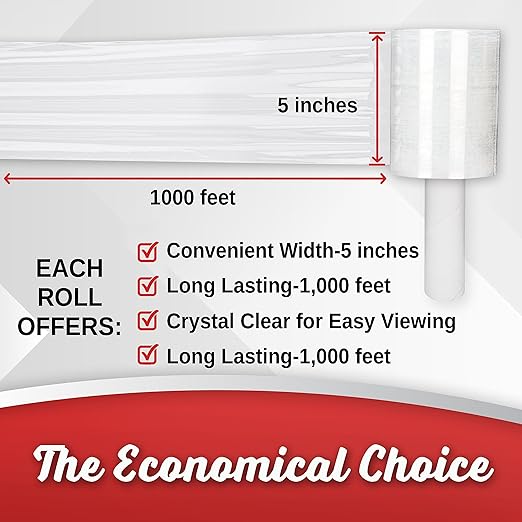2 Pack Industrial Strength Mini Hand Stretch Wrap 5" 1000 Ft Roll 80 Gauge Thick, Shrink Wrap Roll for Moving Supplies, Furniture, Pallets, Plastic Wrap for Packing, Heavy Duty Stretch Film