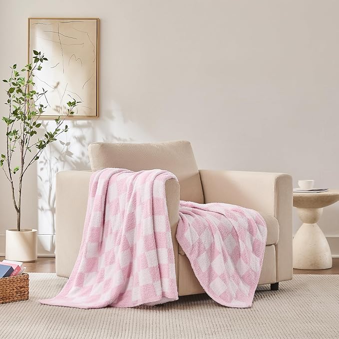 Checkered Throw Blanket, Pink Soft Cozy Fluffy Knitted Throw Blankets for Couch, Sofa, Bed, Chair, Warm Fuzzy Travel Picnic Lightweight Plaid Blanket, 50x70 inches