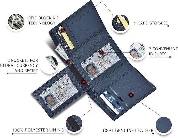 Real Leather Mens Trifold Wallet RFID Blocking Slim Minimalist Front Pocket - Thin & Stylish with ID Window in Gift Box