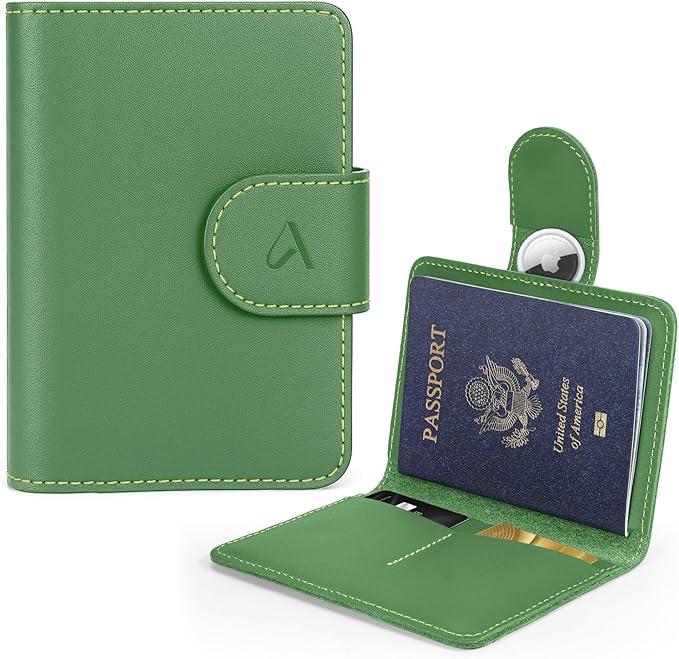 ALLIVE Rfid Passport Holder for Travel Women, Rfid Passport Cover Wallet, Genuine Leather Passport Holder for Travel with AirTag Hidden, Airport Essentials, Travel Gifts (Avocado Green)