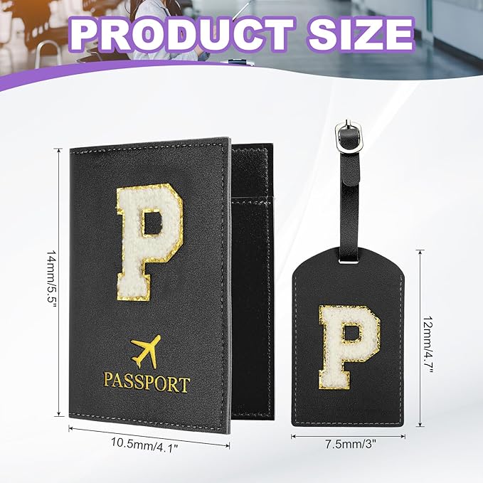 PATIKIL Passport Holder for Travel, Initial Passport Cover and Luggage Tag Set with Alphabet Chenille Letter Patch Travel Wallet Bag Suitcase Identifier for Women Family Travel Black P