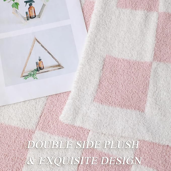 bearberry Fuzzy Checkerboard Grid Throw Blanket Knitted Soft Cozy Warm Microfiber Blanket Decor for Couch Sofa Bed Travel Home (Pink, 40''x50'')
