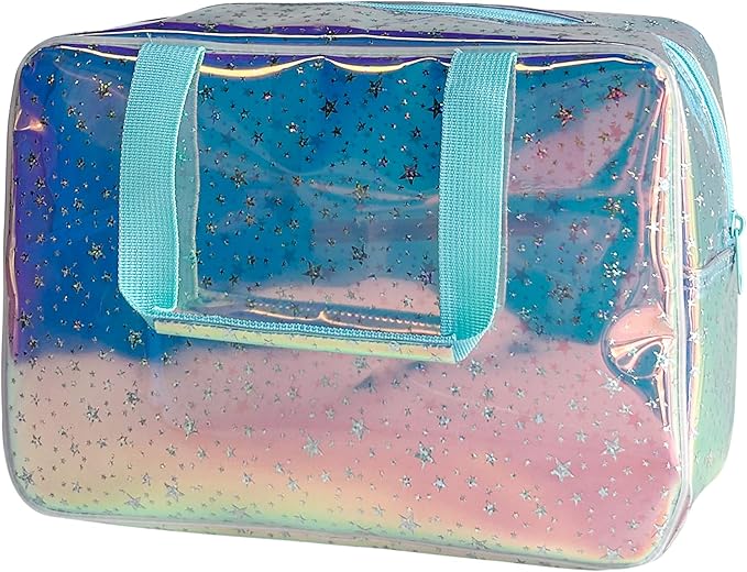Holographic Blue Clear Star Large Cosmetic Bag and TPU Travel Pouch with Handle,Durable Material,Zipper Design-Ideal for Makeup,Travel Essentials (Holographic Blue+Stars)