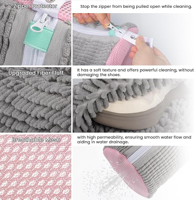 2Pcs Shoe Washing Machine Bag, Sneaker Laundry Bag for Washing Machine, Extra Long and Thick Microfibre Fluff, Reusable for Washer and Dryer (2pcs, Greyish Pink)