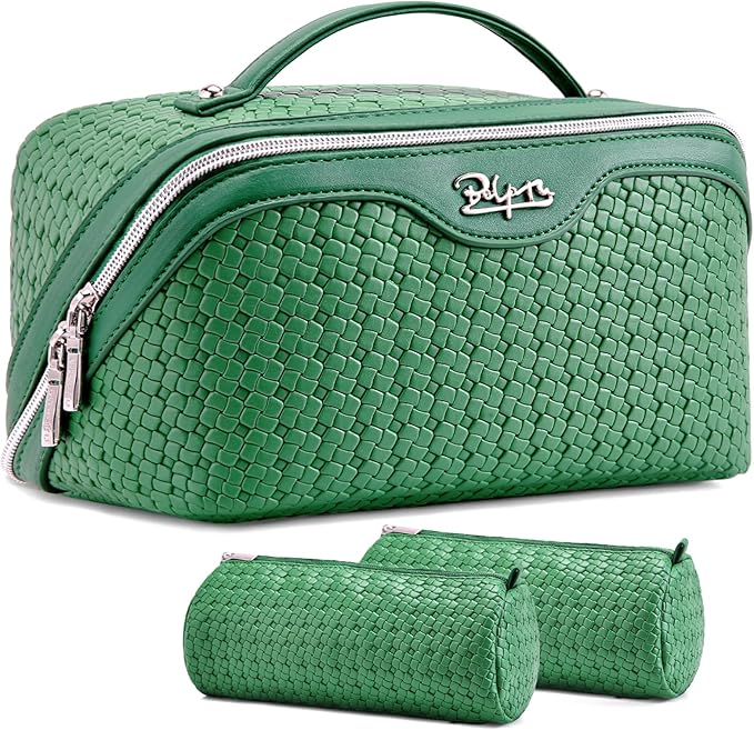 BOYATU Travel Makeup Bag Cosmetic Bags for Women: Large Capacity 3 Pcs Set Make up Bag with Compartments - Waterproof Vegan Leather Toiletry Organizer Bags with Handle (L38 Green)
