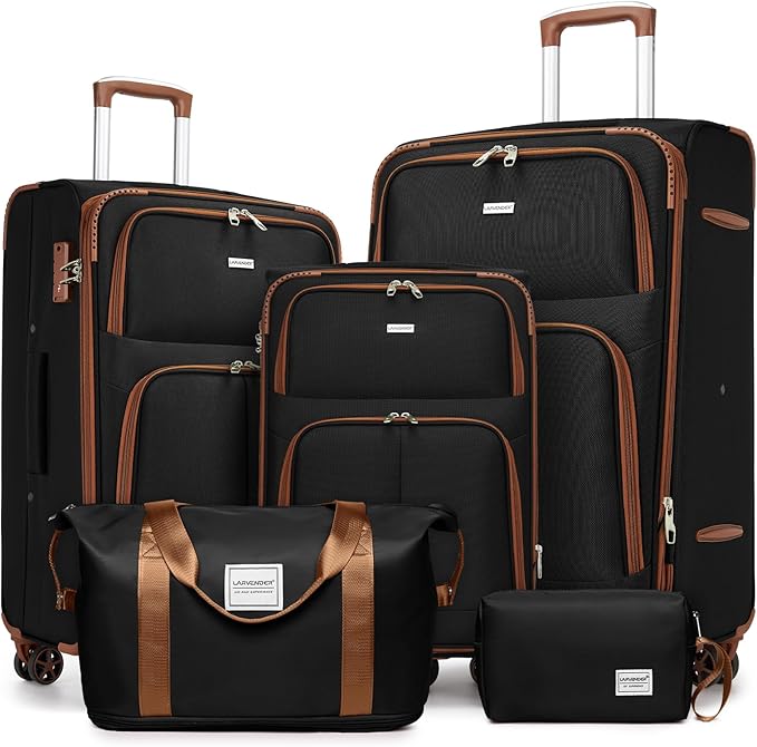 LARVENDER Luggage Sets 5 Piece Softside Expandable Suitcases Set with Spinner Wheels TSA Lock, Lightweight Soft Shell Rolling Travel Luggage Set Clearance for Men and Women, Black Brown