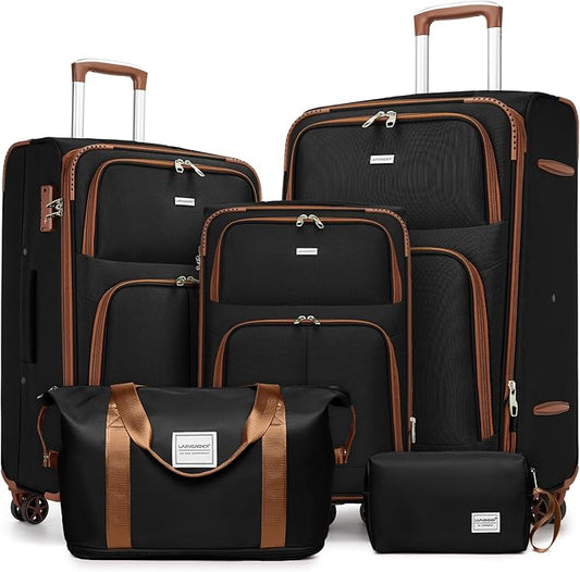 LARVENDER Luggage Sets 5 Piece Softside Expandable Suitcases Set with Spinner Wheels TSA Lock, Lightweight Soft Shell Rolling Travel Luggage Set Clearance for Men and Women, Black Brown