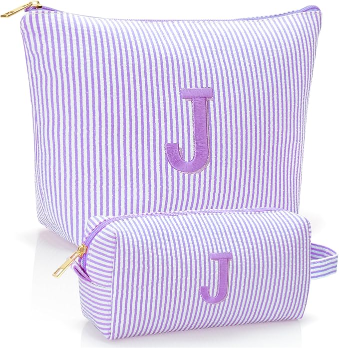 Personalized Initial Makeup Bag,Toiletry Travel Cosmetic Bag,Trendy Stuff for Teen Girls and Women,Holiday & Birthday Gift,2 Pack (J, Purple)