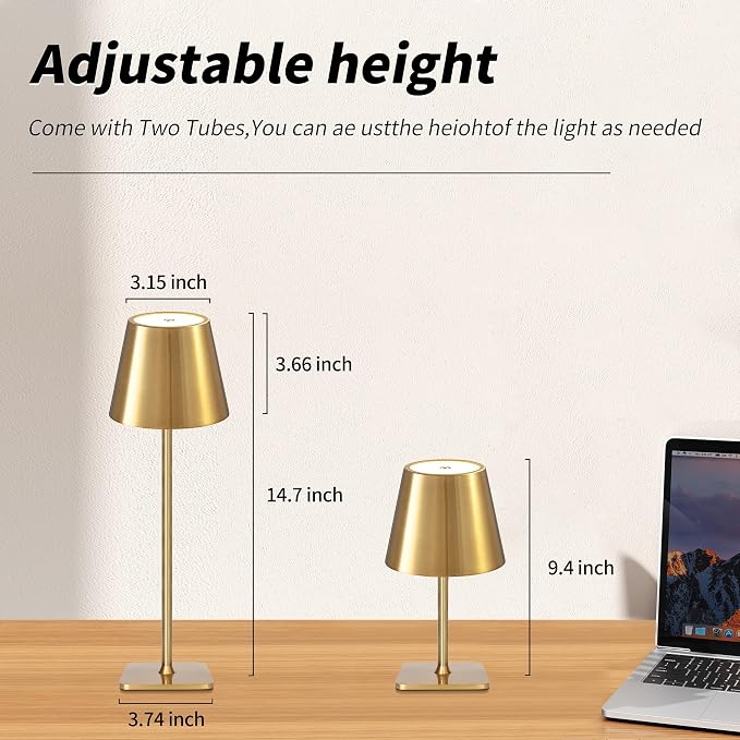 Mr. White Outdoor Waterproof Cordless Set of 2 Rechargeable Portable Top Touch Battery Operated Powered LED Table Lamp Desk Lamp Lights for Restaurant Kitchen Patio Dinner Dining (Gold 2 Pack)