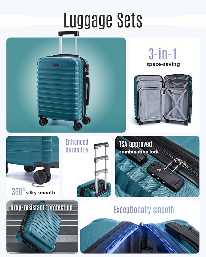LIGHT FLIGHT Luggage Sets, 3 Piece Durable Suitcase Set with Spinner Wheels, 3 Pcs Hard Shell Lightweight Luggage with TSA Lock, Large Checked Travel Suitcases, 20/24/28 Inch,Teal Blue