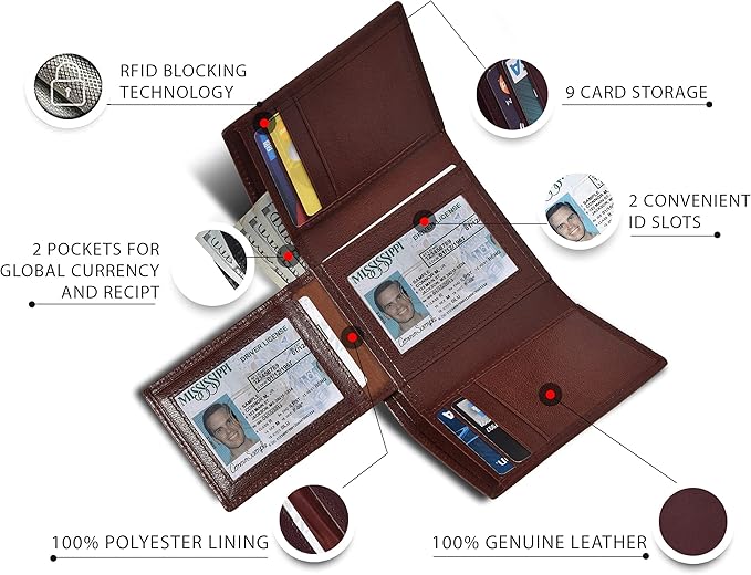 Real Leather Mens Trifold Wallet RFID Blocking Slim Minimalist Front Pocket - Thin & Stylish with ID Window in Gift Box