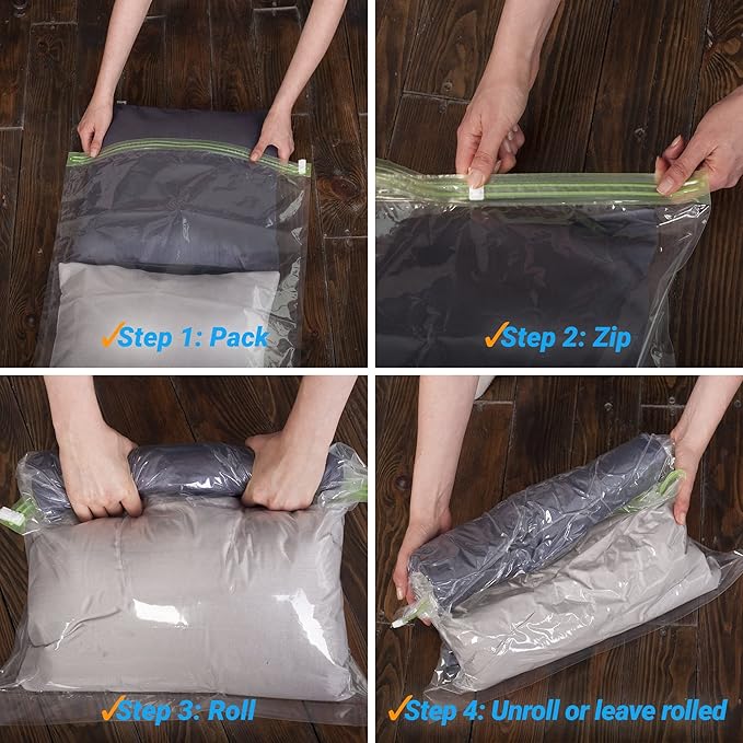 The Chestnut 8 Travel Space Saver Bags - No Vacuum or Pump - for Clothes - Reusable - Luggage Compression - Set of 4 L and 4 M Sacks - Transparent
