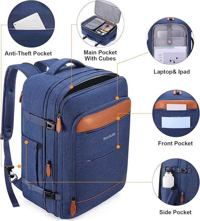 Bagsure Travel Backpack Carry On Backpack 42L Flight Approved, Expandable Laptop Backpack with Packing Cubes & Shoe Pocket, Water Resistant Luggage Backpack for Men Women, Large Backpack 20 * 14 * 7"
