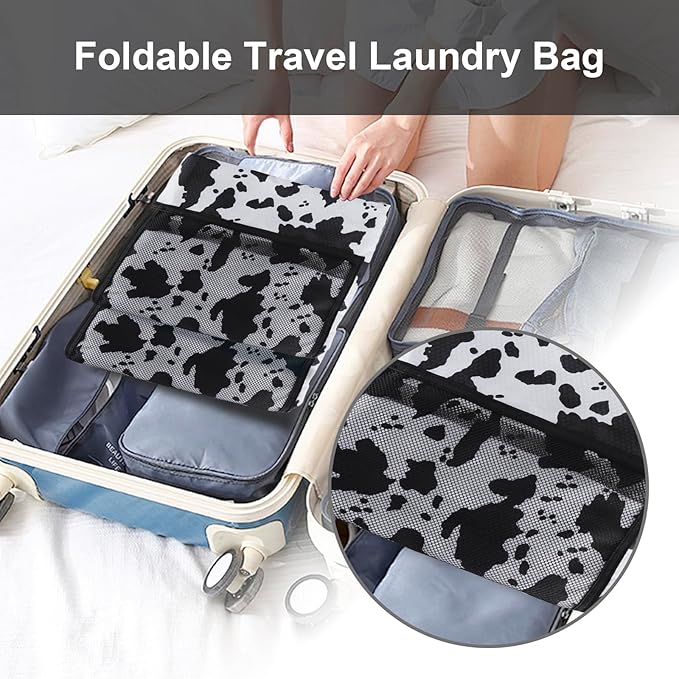 Laundry Bag Backpack Durable Laundry Bag with Shoulder Straps and Mesh Pockets Portable Laundry Dirty Clothes Hamper Bag for College Dorm (Cow Print)
