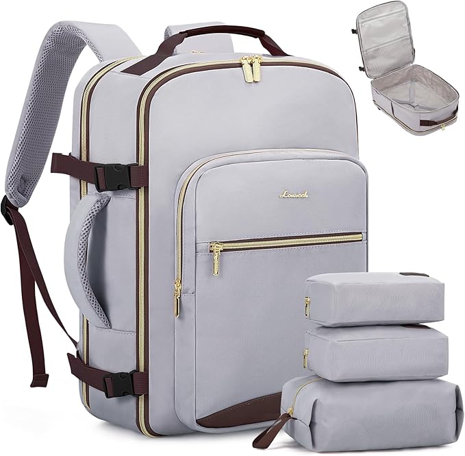 LOVEVOOK Travel Backpack for Women & Men 40L,Airline Approved Carry On Backpack Travel Essential,TSA Carry on Luggage,Personal Item Travel Bag,Suitcase with 3 Packing Cube,Light grey-Dark coffee color