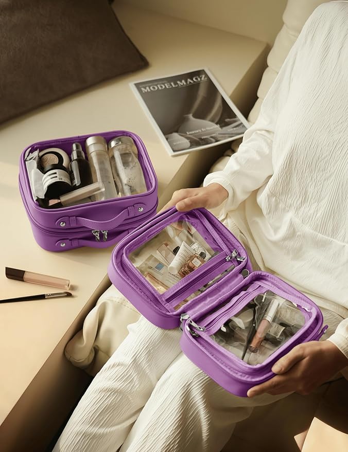 Clear Cosmetic Bag Double Layer Travel Toiletry Bag Clear Makeup Bag Case with 4 Compartments, Transparent Travel Bag for Toiletries, Large Toiletry Bag for Women Cosmetic Case (Purple, Small)