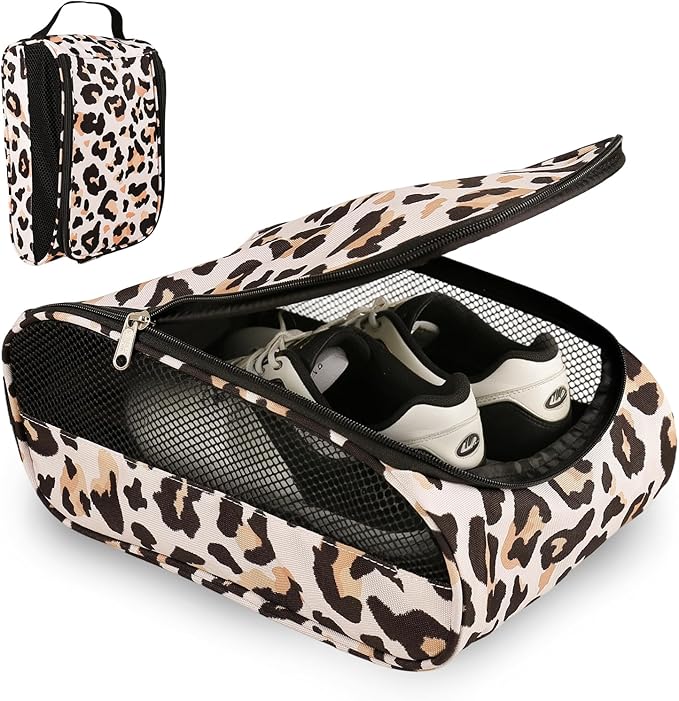 Golf Shoe Bag, Outdoor Zipper Sports Shoe Strap Bag with Air Mesh Ventilation, Durable Waterproof Golf Shoe Carry Bags with Sturdy Handle for Gym, Soccer, Running & Suitcase Packing (Leopard Print)