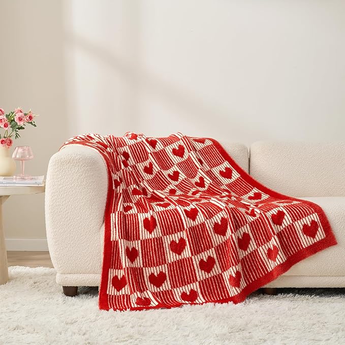 Snuggle Sac Red Heart Checkered Blanket for Women,Valentines Day Heart Blankets for Her Wife Girlfriend Mom,Super Soft Warm Fluffy Faux Fur Blanket for Couch Sofa Bed,Red Heart,50x60 inches