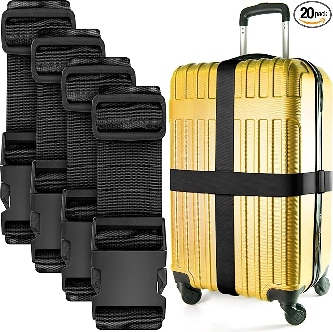 Luggage Straps for Suitcases - TSA Approved - Black, 20 PK - Bulk Multipack Premium Nylon Belts for Suitcase, Briefcase & Travel Bag - Adjustable Strap Length 46" - 78"