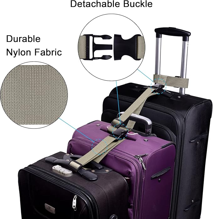 Wisdompro 2 Pcs Add a Bag Luggage Strap, Heavy Duty Adjustable Suitcase Belt Travel Attachment Travel Accessories for Connecting Your Luggage Together - Khaki (T-Type and Normal)