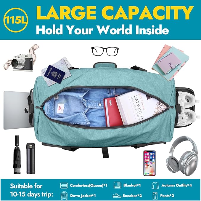 Canway 115L Travel Duffel Bag, Foldable Weekender Bag with Shoes Compartment for Men Women Water-proof & Tear Resistant