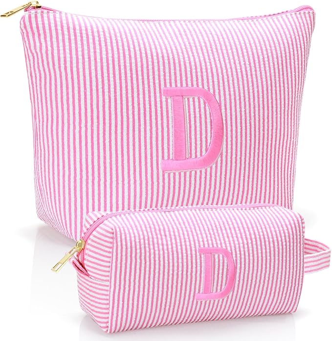 Personalized Initial Makeup Bag,Toiletry Travel Cosmetic Bag,Trendy Stuff for Teen Girls and Women,Holiday & Birthday Gift,2 Pack (D, Pink)