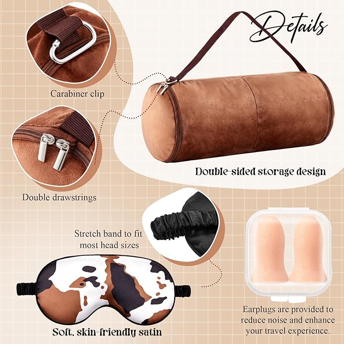 5 Pcs Travel Pillow and Blanket Set, 5 in 1 Travel Airplane Compact Includes 40 x 60 Inch Throw Blanket Eye Mask Neck Pillow Earplug and Bag Gifts for Travelers Women(Cow Print,Brown)