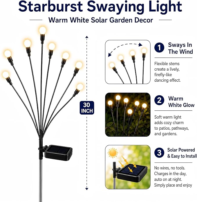 TONULAX Solar Garden Lights - Upgraded Solar Swaying Light, Sway by Wind, Outdoor Lights, Yard Patio Pathway Decoration, High Flexibility Iron Wire & Heavy Bulb Base, Warm White(2 Pack)