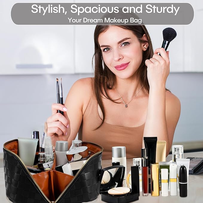 Large Capacity Travel Cosmetic Bag - Portable Makeup Bags for Women Waterproof PU Leather Checkered Makeup Organizer Bag with Dividers and Handle,Toiletry Bag for Cosmetics