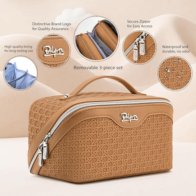 BOYATU Travel Makeup Bag Cosmetic Bags for Women: Large Capacity 3 Pcs Set Make up Bag with Compartments - Waterproof Vegan Leather Toiletry Organizer Bags with Handle (M-74Yellow Brown)