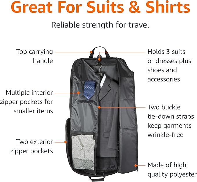 Amazon Basics 43" Travel Garment Bag Travel, Spacious Suit Bag with Detachable Shoulder Strap, Exterior/Interior Pockets, Leather-reinforced Corners, Trifold, Black