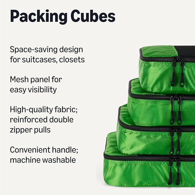 Amazon Essentials 4-Piece Packing Cubes Travel Accessories Set, Luggage Organizer, Suitcase Organizer with Double Zipper, Mesh Top, Space-Saving, Polyester, Green (Previously Amazon Basics)