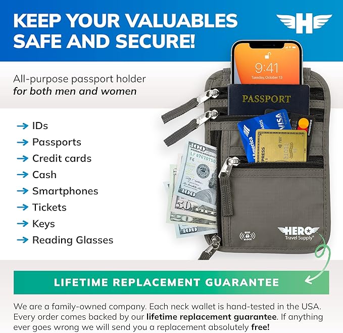 HERO Neck Wallet - RFID Blocking Passport Holder, Easy to Conceal Travel Puch (Army Grey)